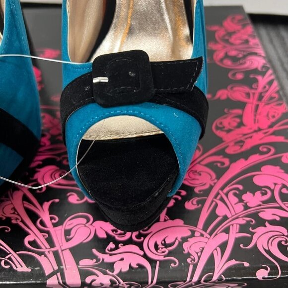 Qupid Tatum 47 teal velvet Ruched peep toe Platform Pumps  Sz 8 - Picture 4 of 8